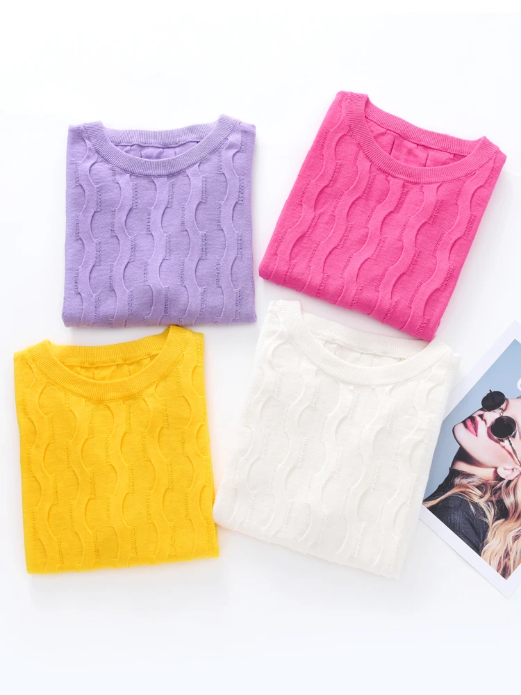 

Women's Short Sleeved Sweater Summer New 100% Pure Cotton O-neck Soft and Skin Friendly Solid color Knitted Half Sleeve T-shirt