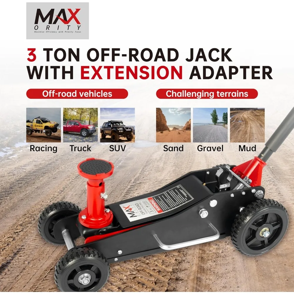 油圧オフロードジャッキ 3トン容量、デュアルピストンヘビーデューティースチール構造、追加サドル付属、ヘビーデューティーVに最適