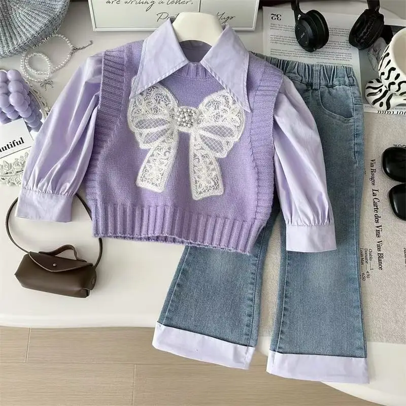 

Girls' Spring and Autumn Set Knitted Vest 2025 New Korean Edition Shirt Vest Jeans 3-Piece Set