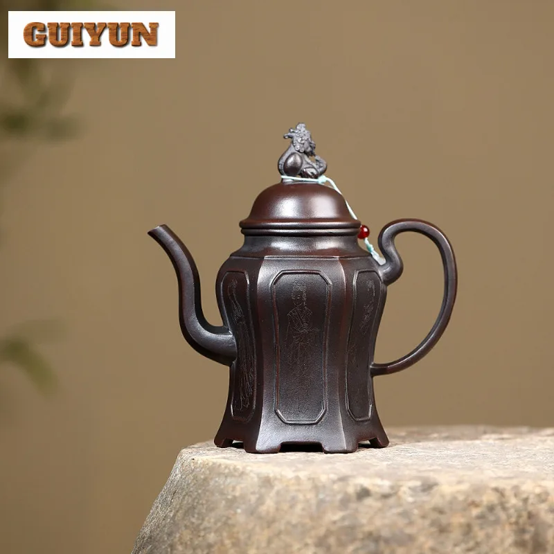 

460ml Yixing Purple Clay Teapots Handmade Beauty Palace Lamp Pot Raw Ore Antique Brass Black Mud Kettle With Strainer Zisha Tea