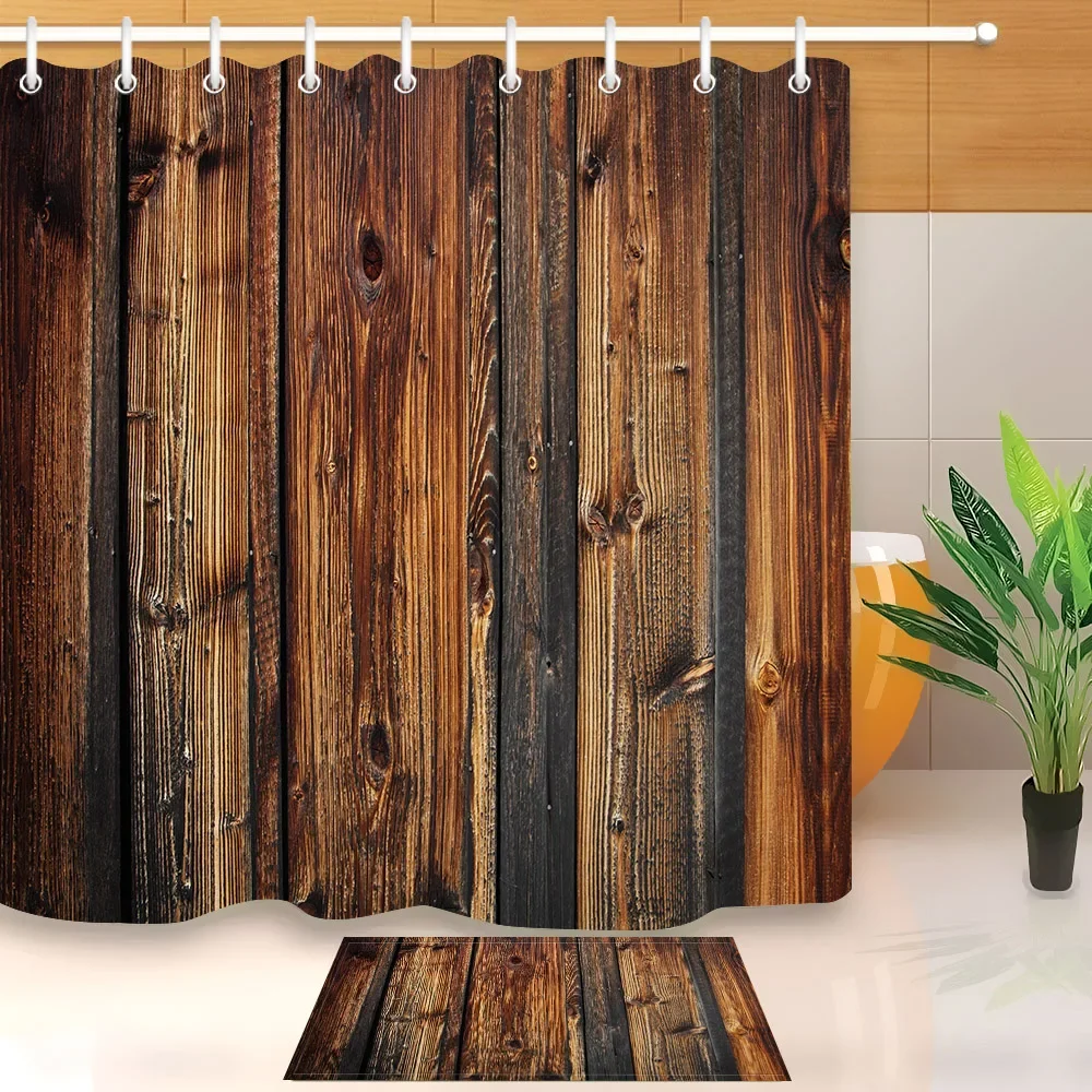 Rustic Wood Panel Brown Plank Fence Shower Curtain And Bath Mat Set Waterproof Polyester Bathroom Fabric For Bathtub Decor