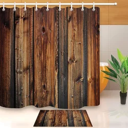 Rustic Wood Panel Brown Plank Fence Shower Curtain And Bath Mat Set Waterproof Polyester Bathroom Fabric For Bathtub Decor