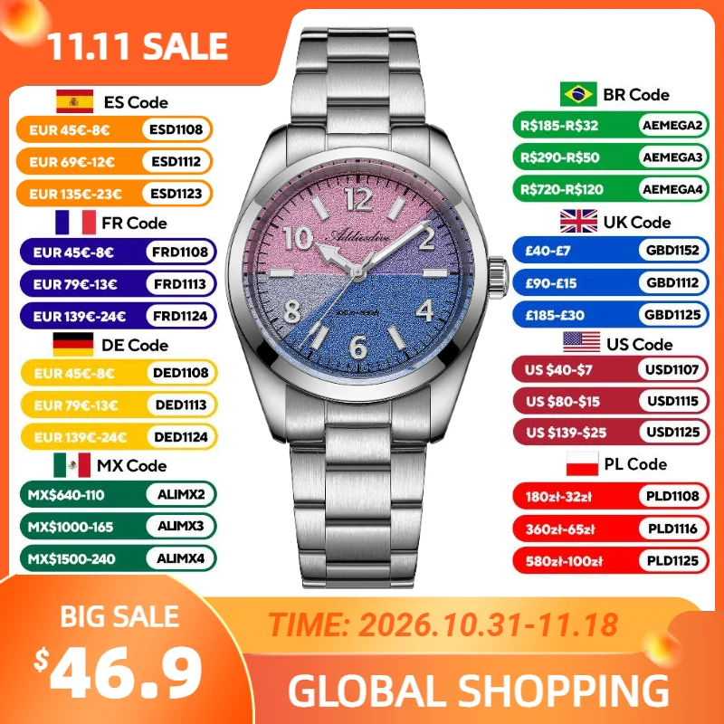 ADDIESDIVE 36mm Women Watch New Luxury Sapphire Crystal 316L Stainless Steel 100m Waterproof BGW9 Luminous Quartz Ladies Watch