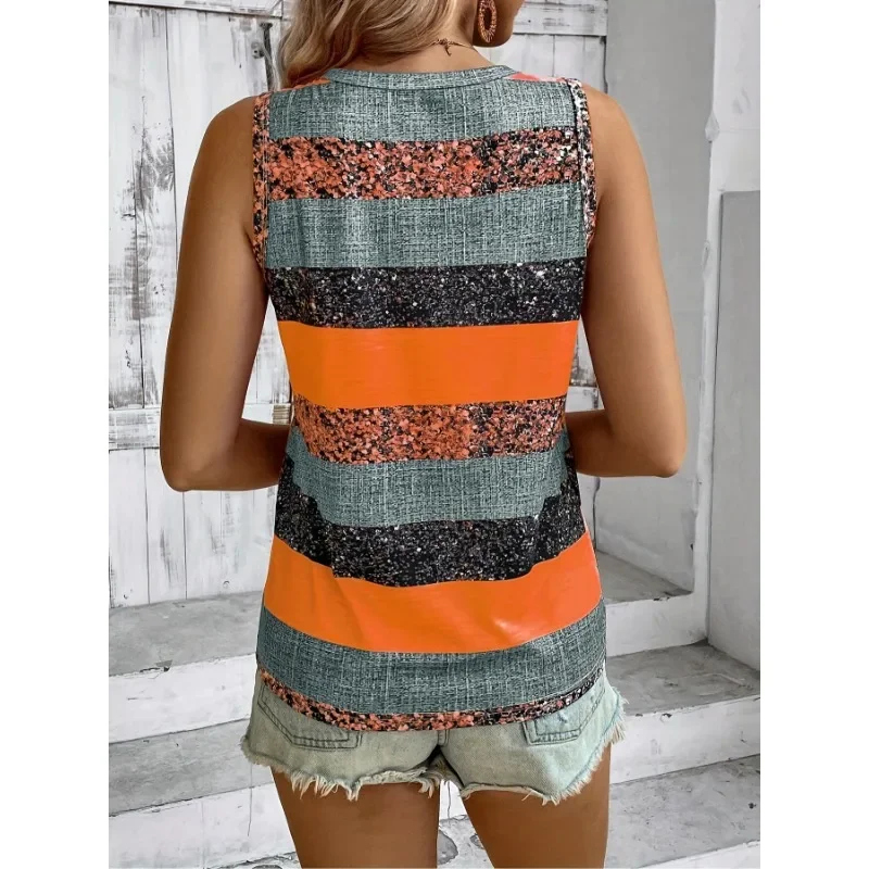 Damskie topy bez rękawów w kolorowe paski w stylu color block, rozmiary plus size 1XL-5XL, codzienne, patchworkowe, z nadrukiem, dekolt w serek.