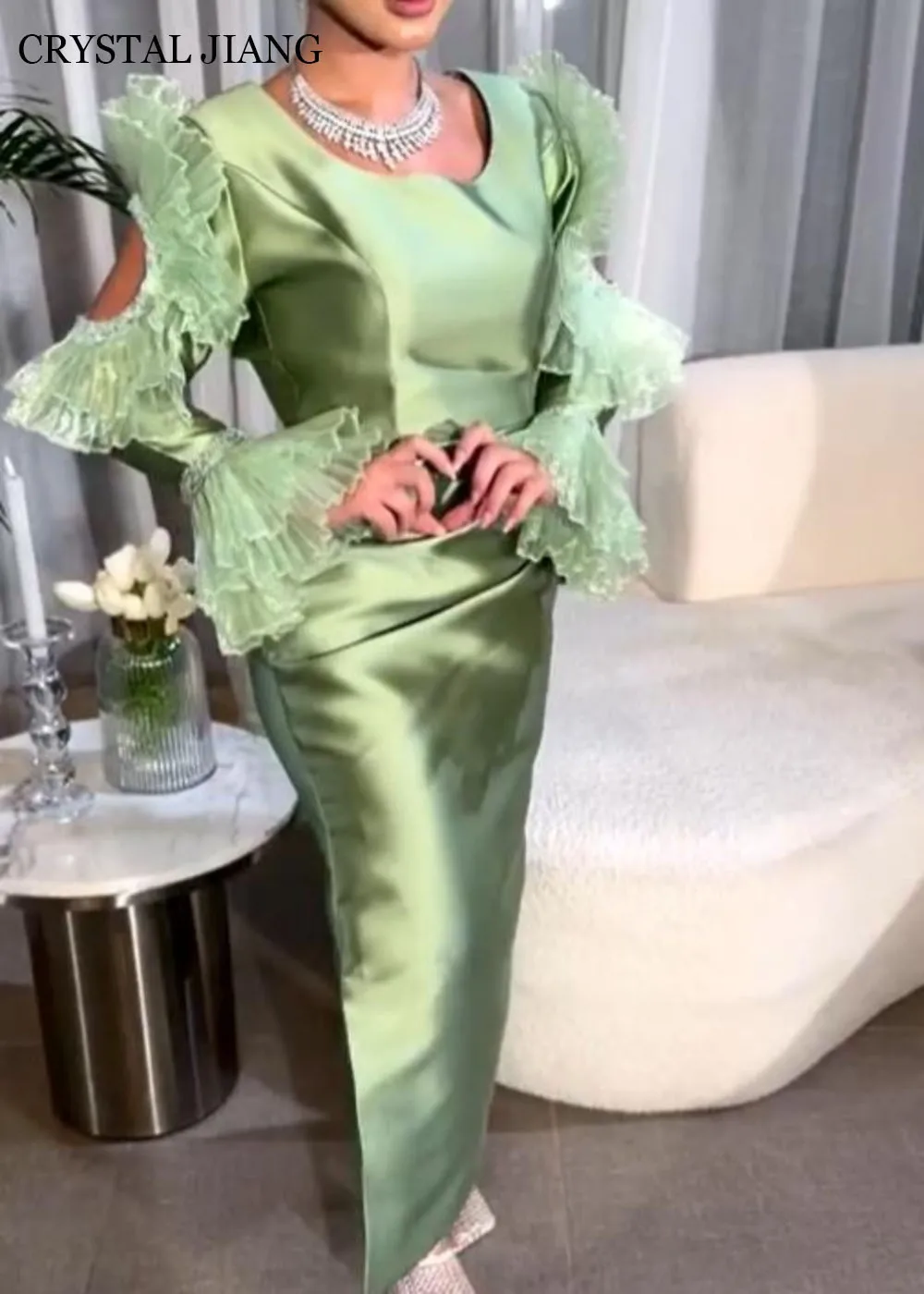 

Classic Long Green O Neck Satin Evening Dresses Full Sleeves Backless with Slit Mermaid Ankle Length فساتين الحفلات Form Gowns