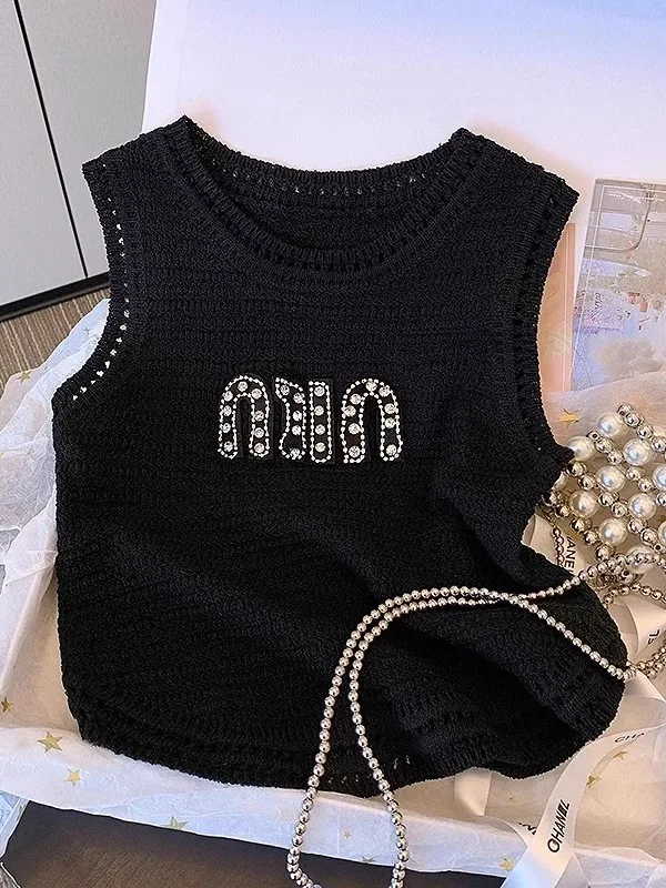 

Высококачественный вязаный жилет, ультразвуковой топ с буквенным принтом, топ на бретельках, роскошный утягивающий топ, оригинальный дизайн, шелковый утюг