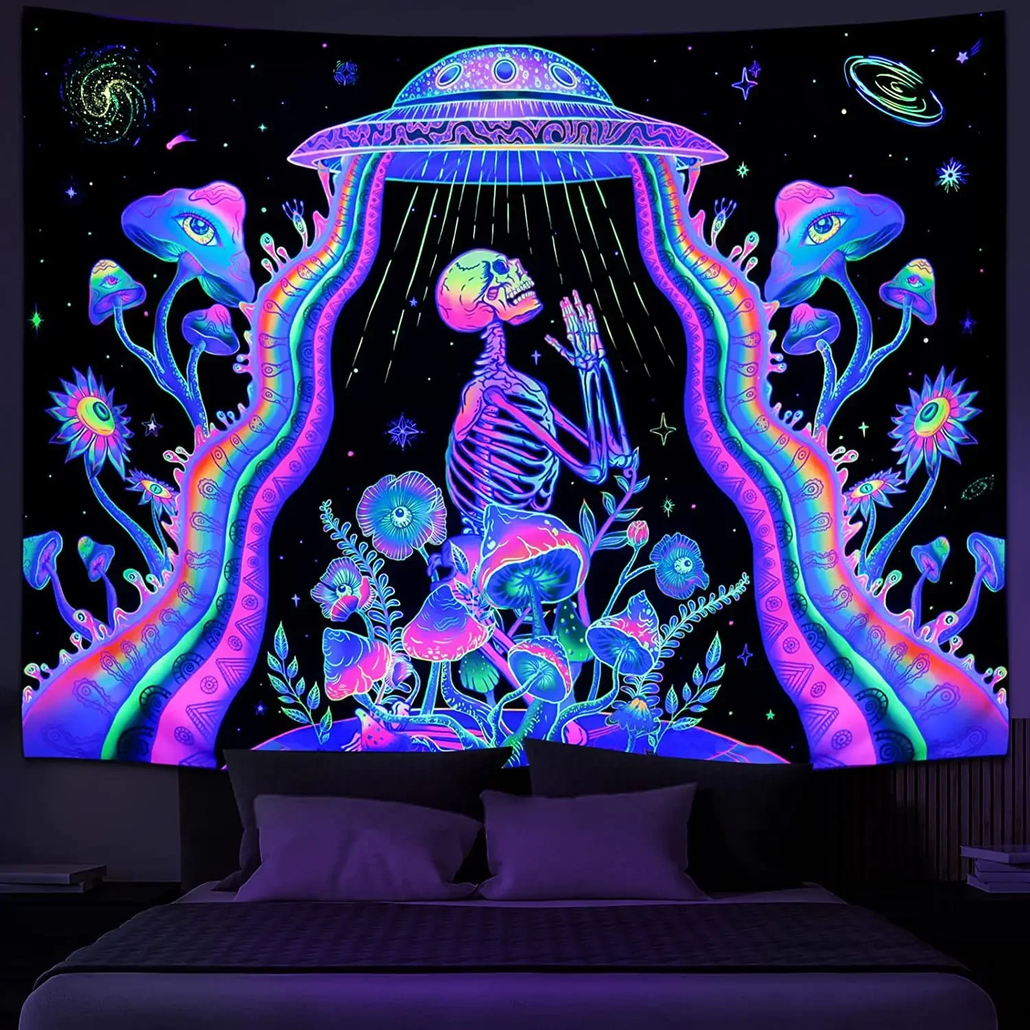 Astronauten UV-fluoreszierender Wandteppich, schwarzes Licht, ästhetische Wandbehang, Hippie für Schlafzimmer, Indie-Raumdekoration