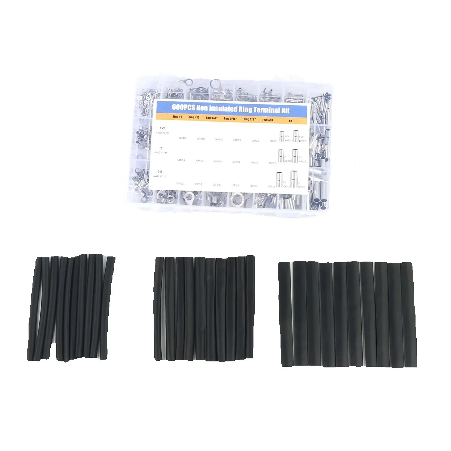 600PCS Non Insulated Ring Terminal Kit AWG 22-10 Butt Splice Fork Connectors Heat Shrink Tubes Electrical Wiring Splicing