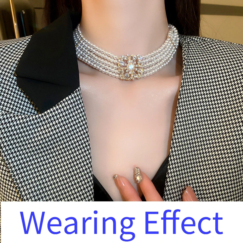 Trendy Choker Imitation Pearl Choker Elegant Cubic Zirconia Necklace 4PCS High Quality Dubai Women Bride Wedding Jewelry