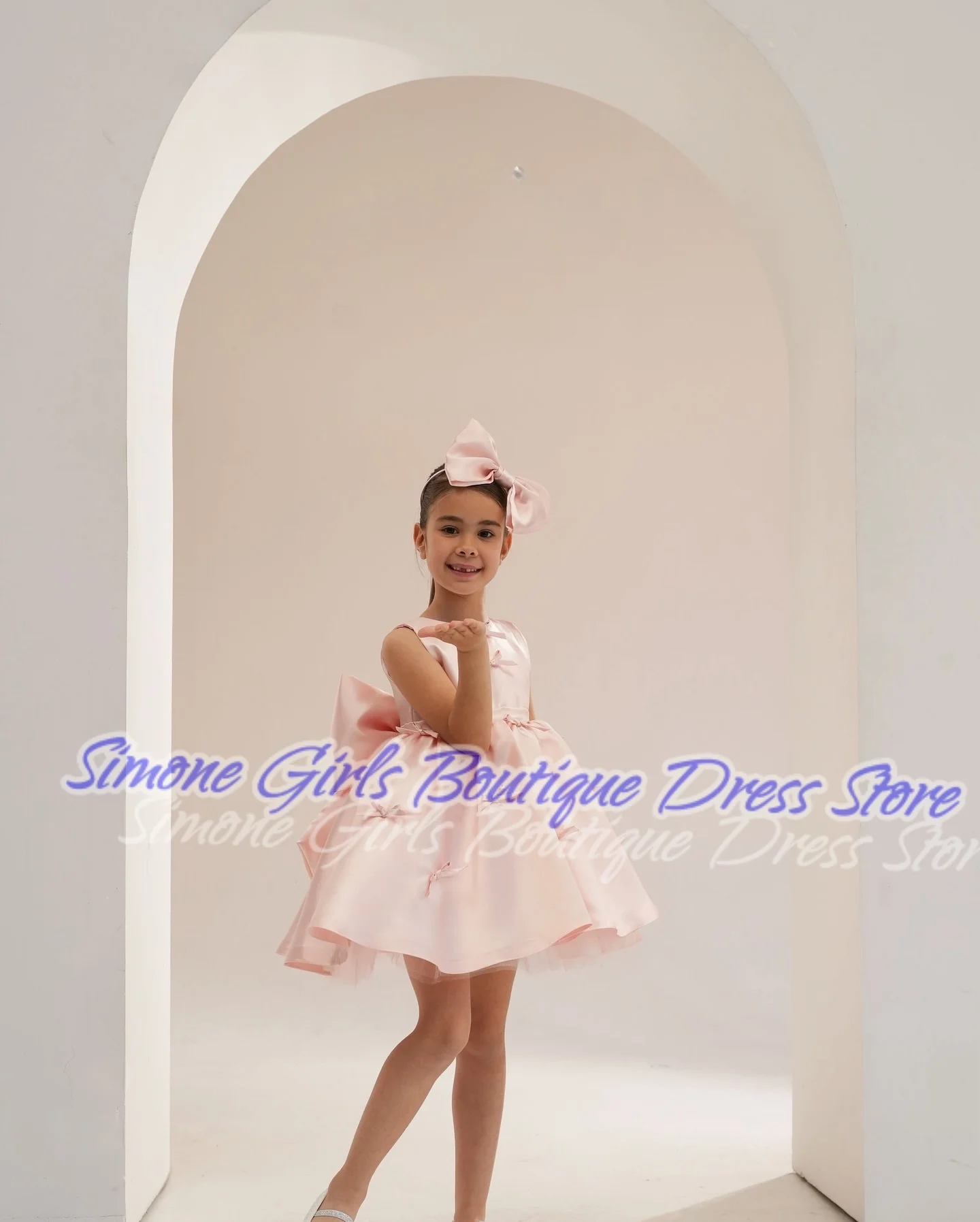 Cute Bow Pink short-sleeved dress Flower Girl Dress for Birthday party Formal Receptions Dance Performances Wedding Ceremonies