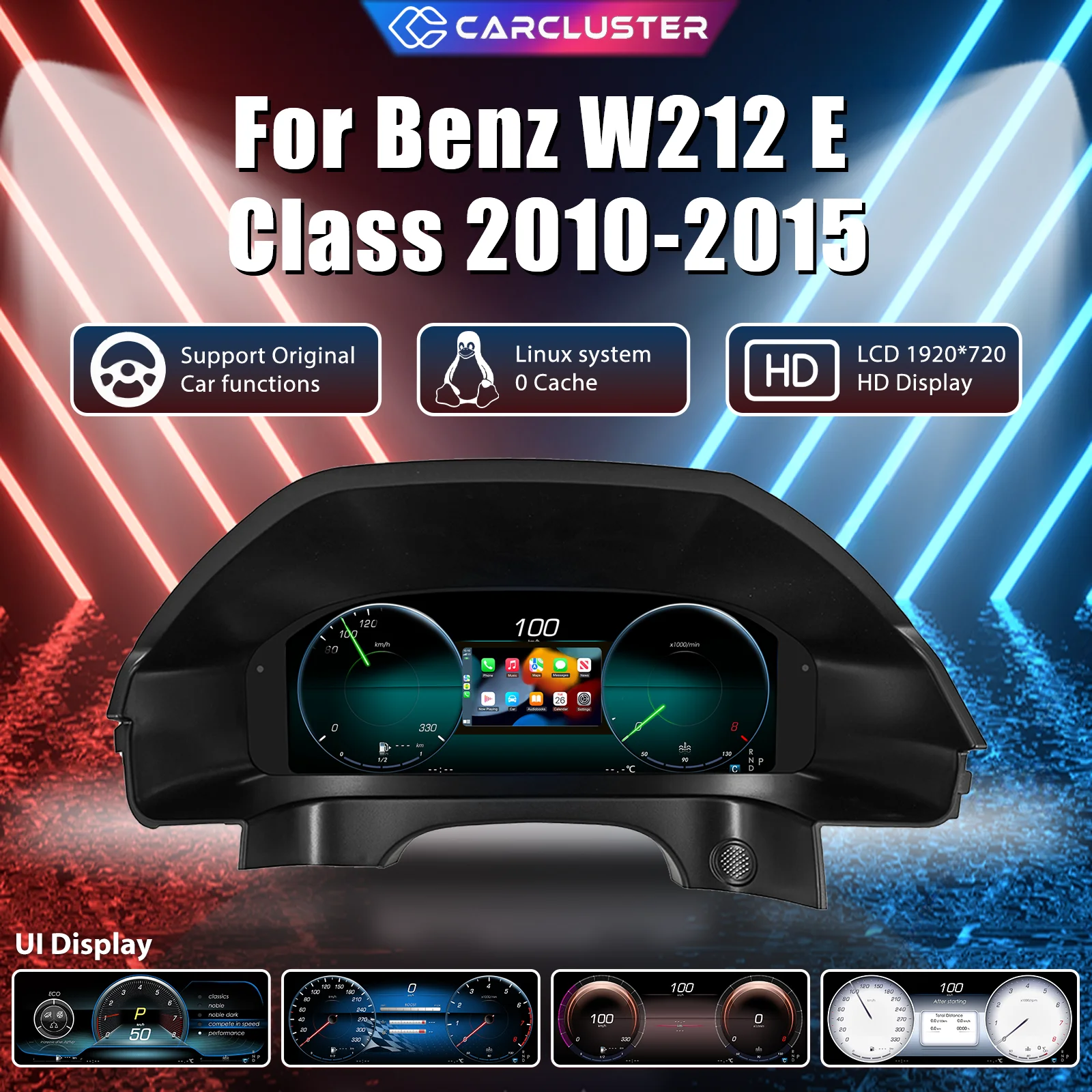 Carcluster 12,3'' LCD Digital-Kombiinstrument für Benz W212 E-Klasse Baujahr 2010-2015 Digitales Armaturenbrett mit HDMI-Unterstützung, Carplay, Radio und Instrumententafel