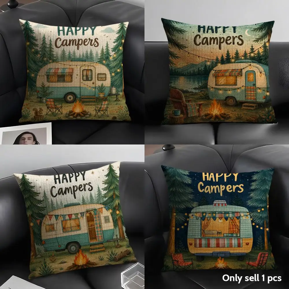 Happy Camping Theme Cushion Cover Natural Linen Organic Fabric Double Sided Print Sofa Pillow Case Home Decor Gift