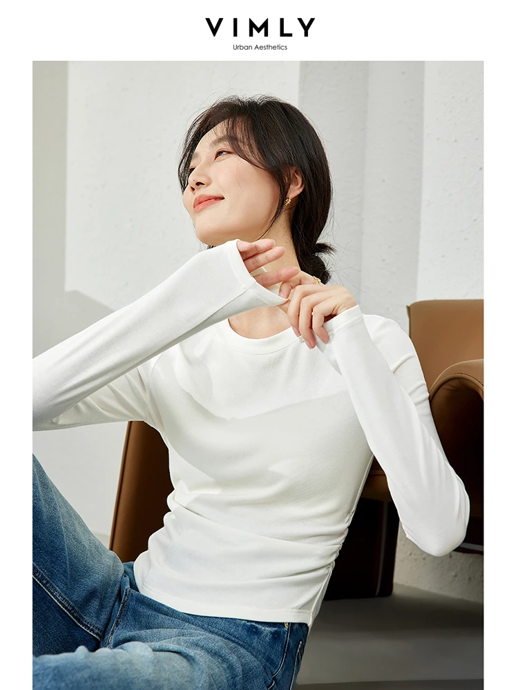 

Vimly White Casual T-shirt Woman 2024 Spring High Strecth Slim Basic Tees O-neck Long Sleeve Top Side Shirring Pullovers M5732