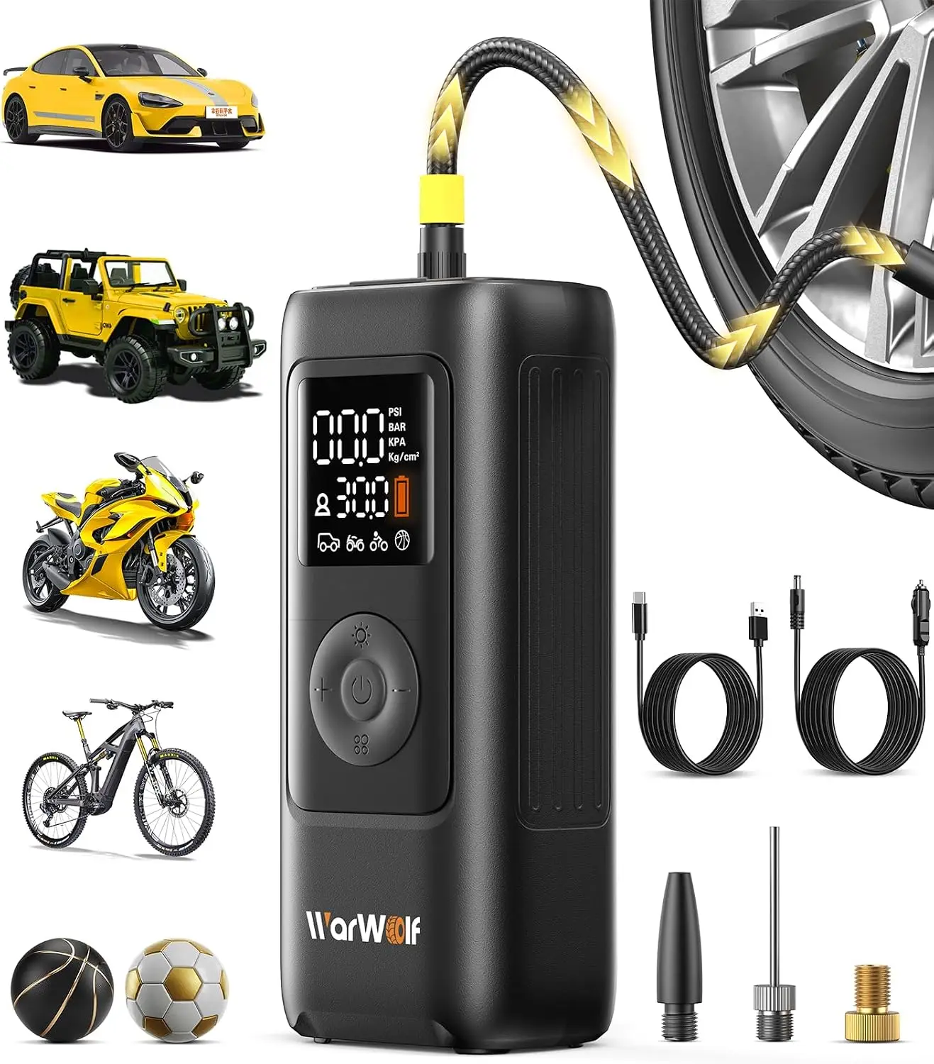 Heavy-Duty Smart Tire Inflator with Auto Shut-Off at Target Psi, Portable 160 Psi Fast Air Compressor, Cordless Rechargeable & 12V Dc Powered Air Pump with Pressure Gauge for Cars, Bikes, Motorcycles, Balls