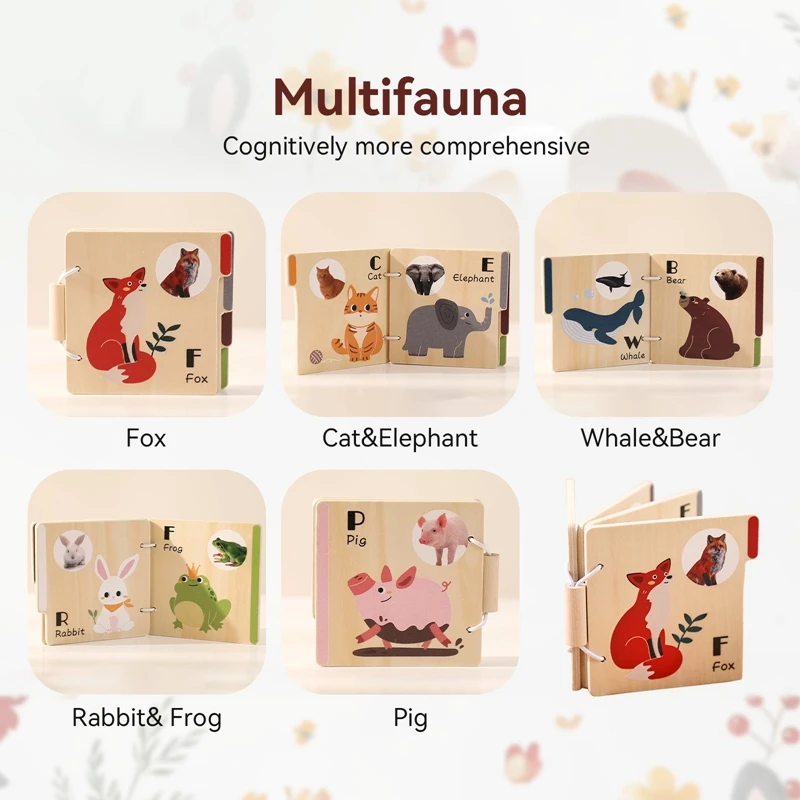 Kids Montessori Toy Baby Animal Wooden Books Toys 0-12Month Baby Educational Activity Sensory Cognitive Block Book Game Toy Gift