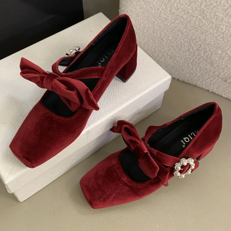 Velvet Bowknot Square Toe Chunky Mary Jane Shoes Women Rhinestone Buckle High Heels Dress Shoes Shallow Fashion Ballet Shoes