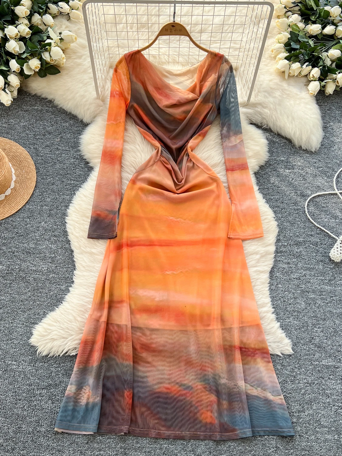 

Fashion Chic Women's 2025 Summer High-end Swing Collar Oil Painting Mesh Slim Long Dress Party Club