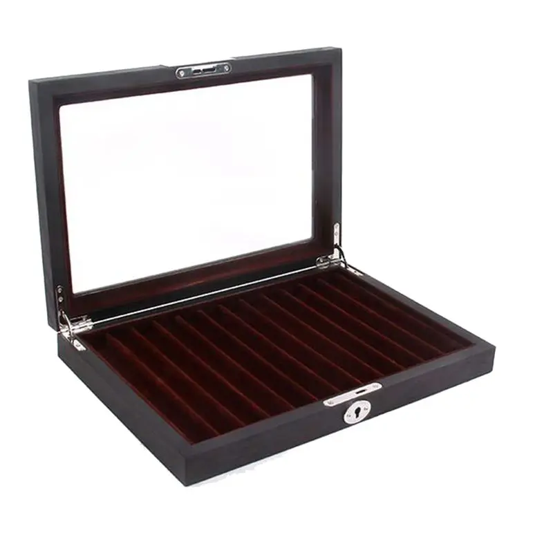 1 Piece Wood Pen Display Box Deluxe Pen Case With Key Transparent Window Fountain Storage Showcase Organizer-Collection 12 Slots