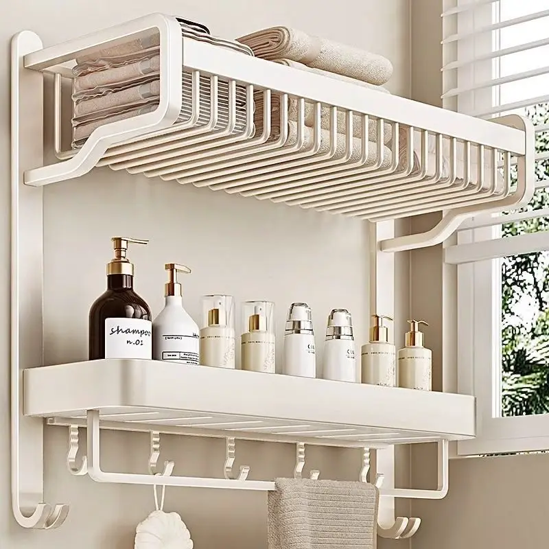 

Cream Style Space Aluminum Heated Towel Rack No Drill Bathroom Shelf Toilet Bathroom Storage Rack