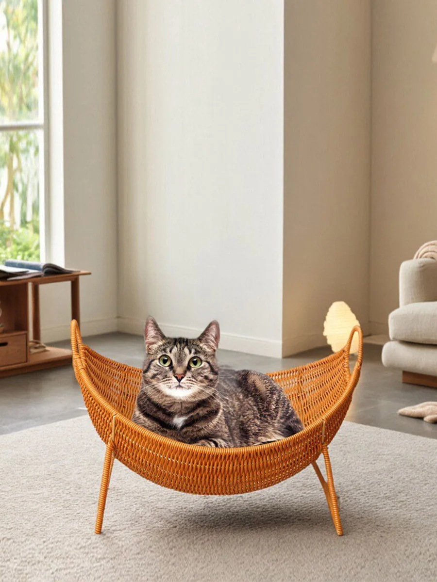 

Плетеная лежанка-гнездо для собак из искусственной ивы, новая, в форме полумесяца, корзина-колыбель с упрочненным основанием, дышащая, для использования в помещении, домик-палатка-диван