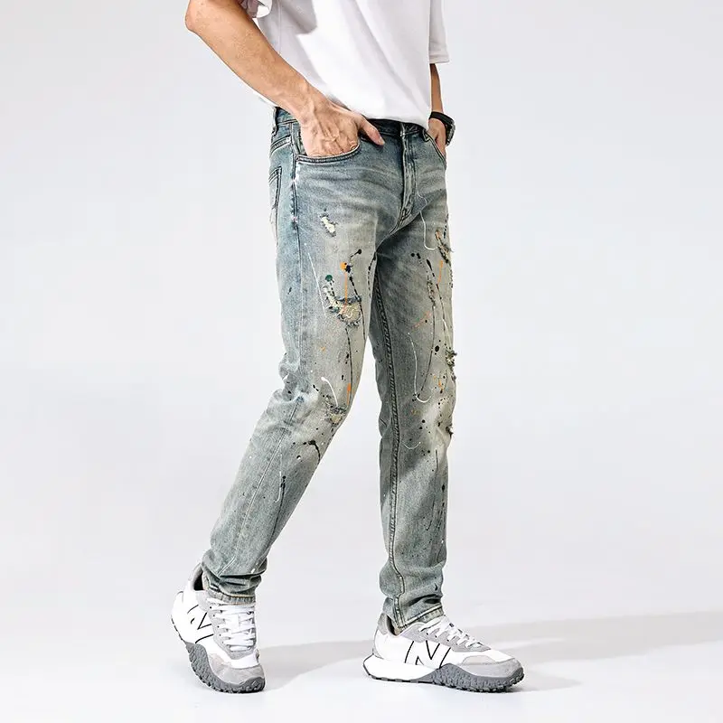 

JXNS161 Slim straight jeans men's retro do old washed splash ink American style hole spring new small leg trousers