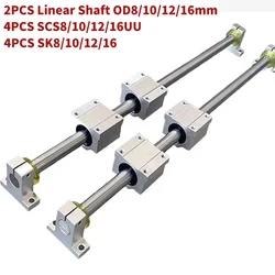 Optical Axis Linear Rail Shaft OD10/12/16mm 100-800mm+SCS8/10/16UU Linear Bearing Blocks+SK8/10/12Bearing Support+Elastic washer