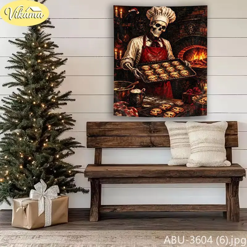 VIKAMA Macabre Santa Skeleton Ornate Golden Key Castle Wall Tapestry Noir Victorian Baroque Festive Room Home Decor Cute Kawaii