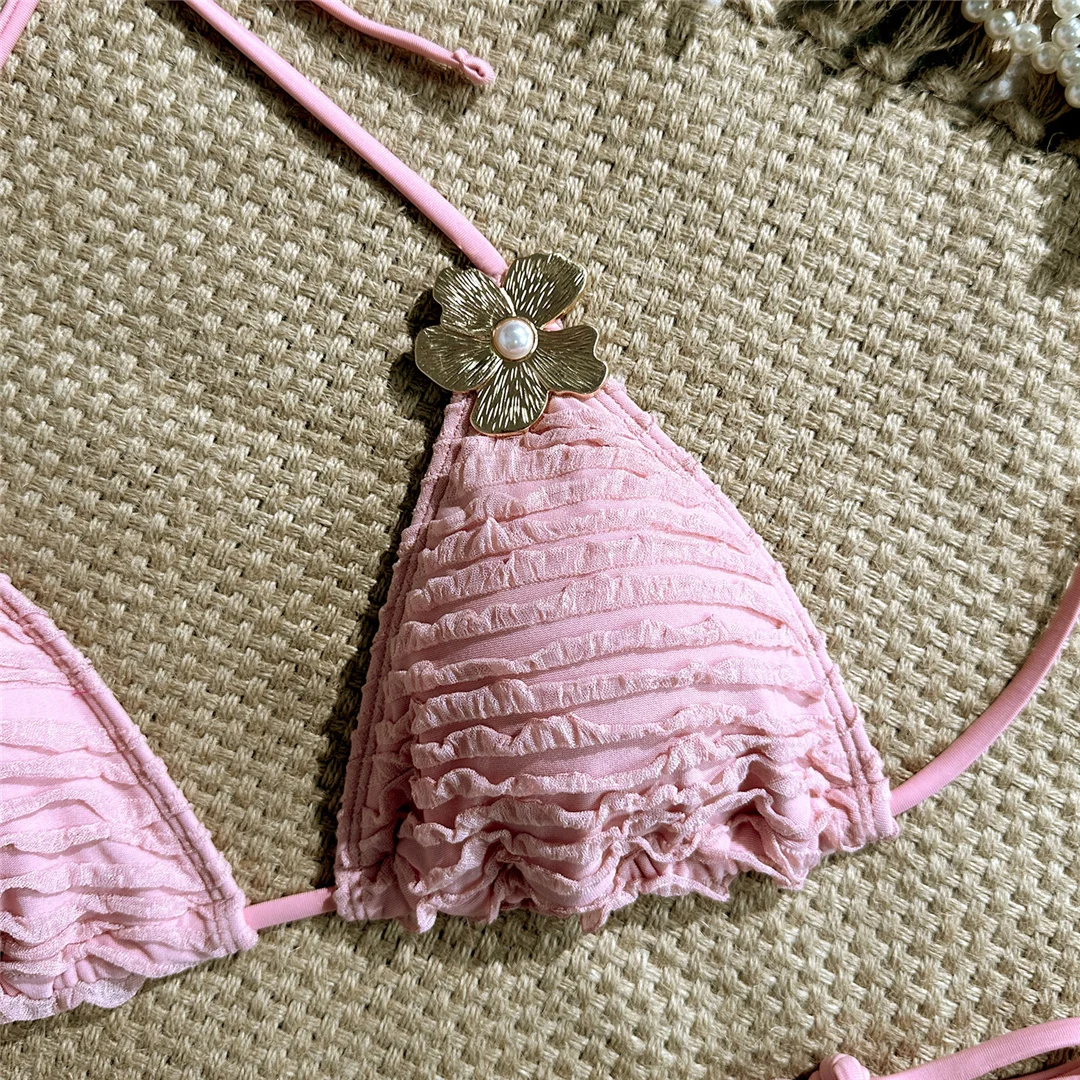 Zweiteiliges Bikini-Set mit Metallblumen-Design, Neckholder-Bikini, Damen-Badeanzug, Damen-Bademode, geraffter, gepolsterter Badeanzug, Badebekleidung, Modell V7478. – Detail 22