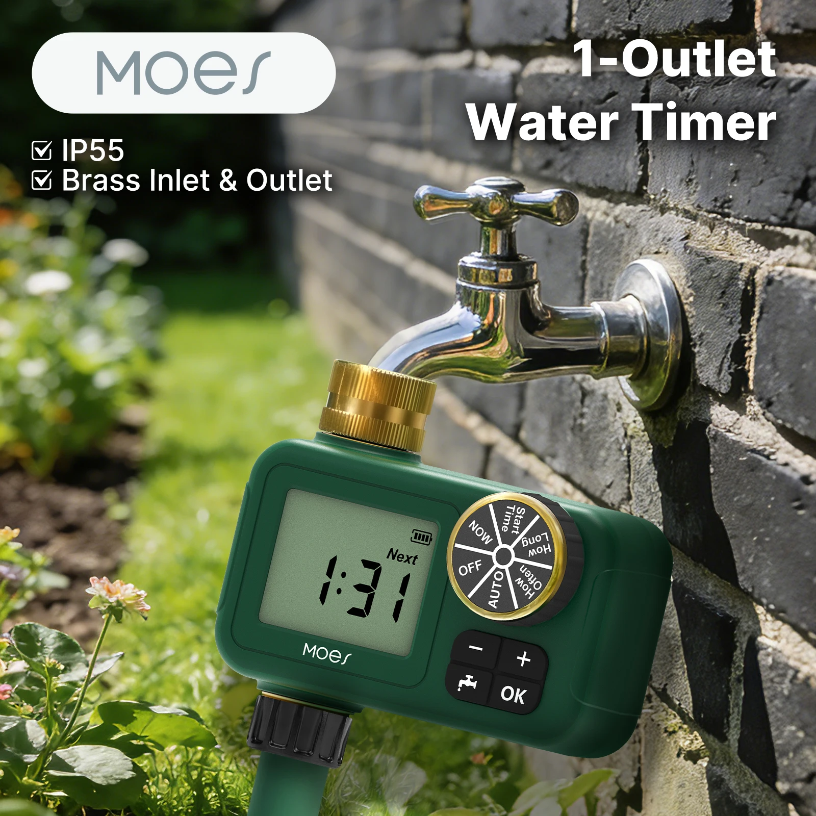 MOES Water Timer 1-Outlet Waterproof  Brass Inlet Outlet Rotary Knob Button Control Built-in  LCD Display Screen IP55 Child Lock