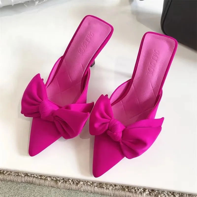 

New Big Butterfly-knot Women High Heel Slippers Sandals Shallow Pointed Toe Mules Stripper High Heel Pumps Ladies Shoes