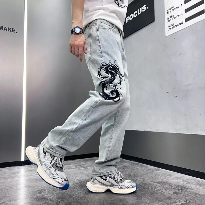 Y2K new personalized embroidery men's jeans loose Korean version of the animal pattern straight jeans wide-leg pants men's pants
