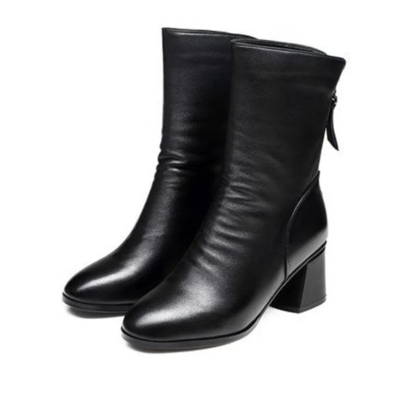 2025 New Women's Mid-calf Boots Fashion Casual Leather Boot High Heel Boots for Women Black Ladies Leather Boot Zapatos De Mujer image 4