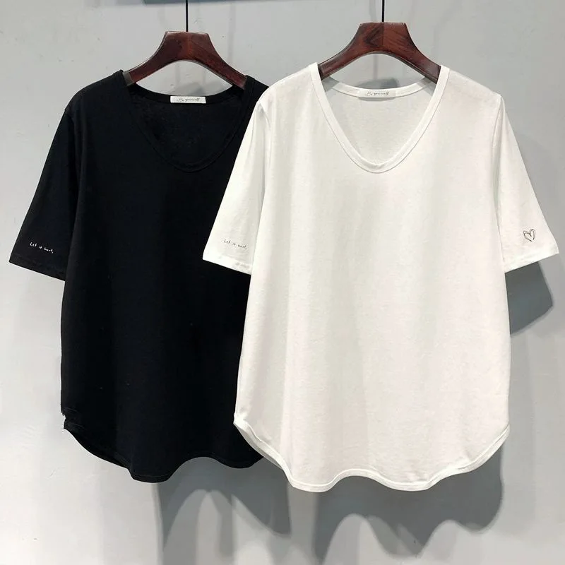 

American Style Loose Plus Size V-Neck Short T-Shirt For Women Summer Korean Version Base Shirt Printed Letter Half Sleeve Top