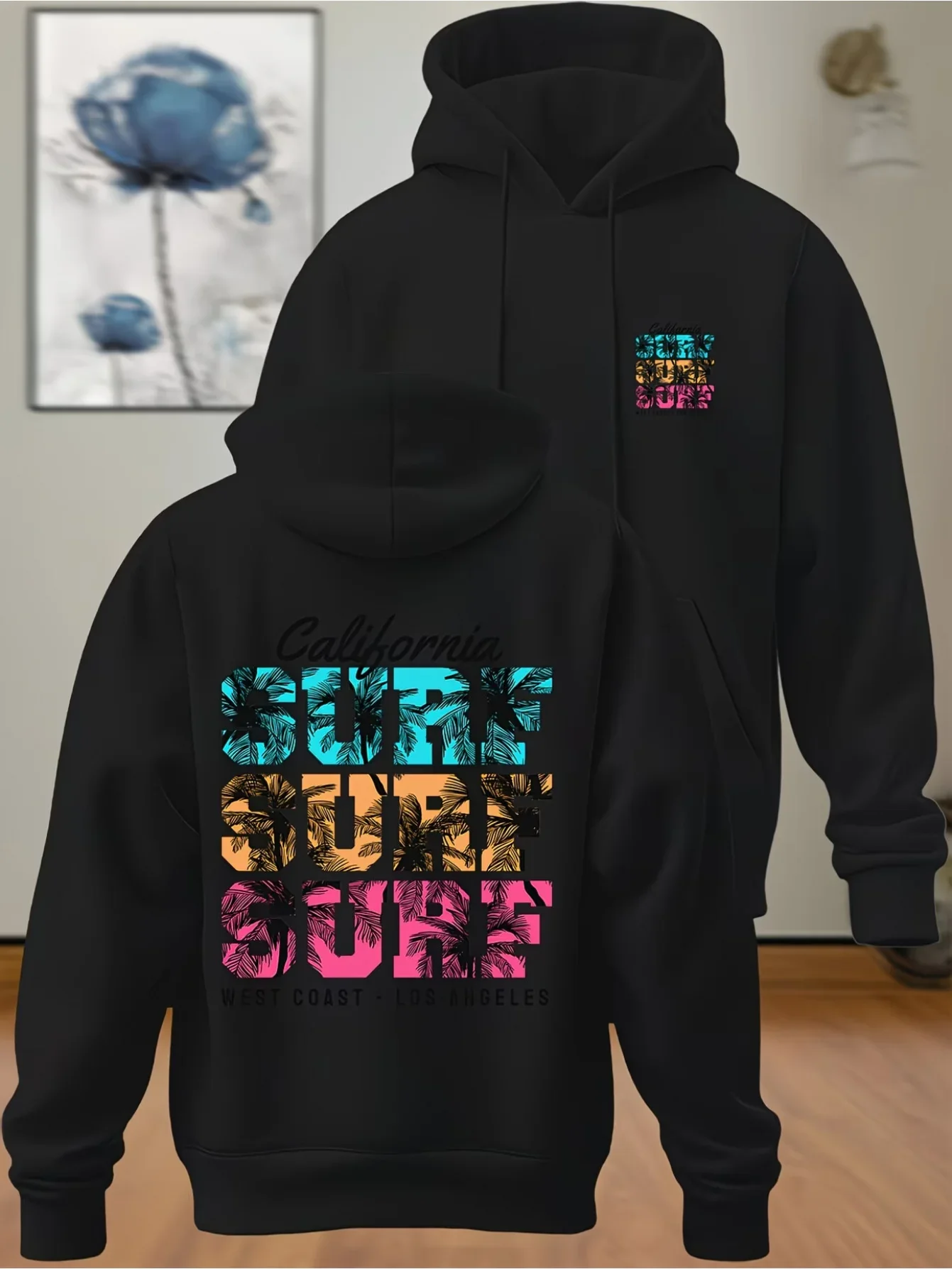 Unisex Hoodie California Surf Double Sided Graphic Sweatshirt Vintage West Coast Palm Tree Back & Chest Print Hoodie