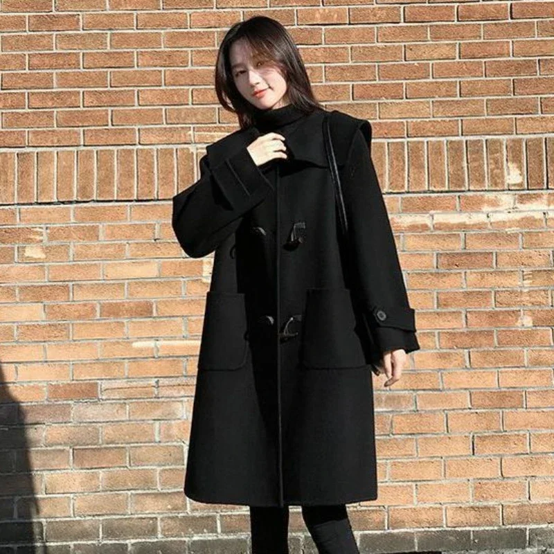 

New Large Size Women Elegance Mid-Length Woolen Coat Female Hepburn Style Horn Button Fashion Casual Versatile Outerwear Fashion