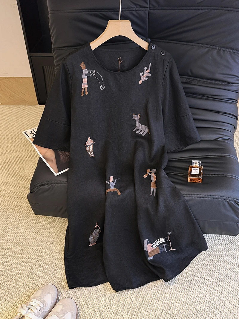 Ele lin brodé Dr femmes été Simple ample Unique belle longueur Midi T-shirt Dr a-ligne jupe ronde Ne