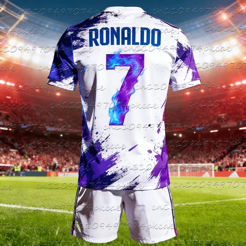 

Новые 2 шт. Роналду # 7, сине-фиолетовая футболка с круглым вырезом и шорты с пламенным номером для взрослых, летний спортивный комплект футбольного трикотажа для тренировок