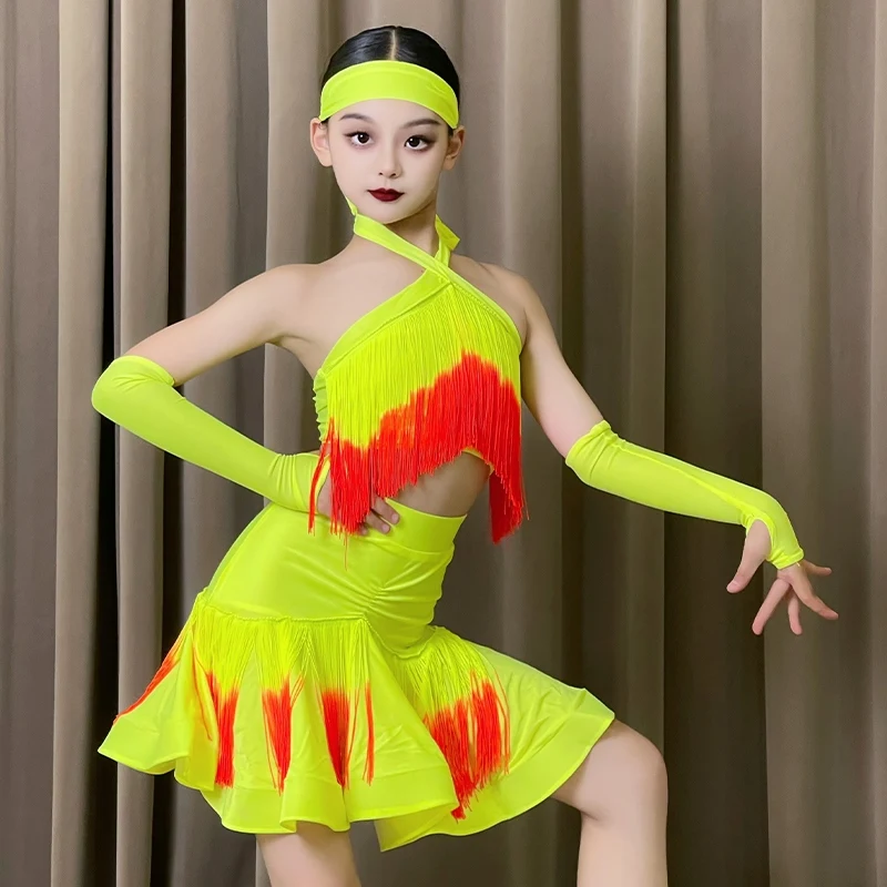 

Fluorescent Yellow Latin Dance Costume Girls Tassel Tops Skirt Kids Latin Competition Dress Cha Cha Rumba Dance Clothes