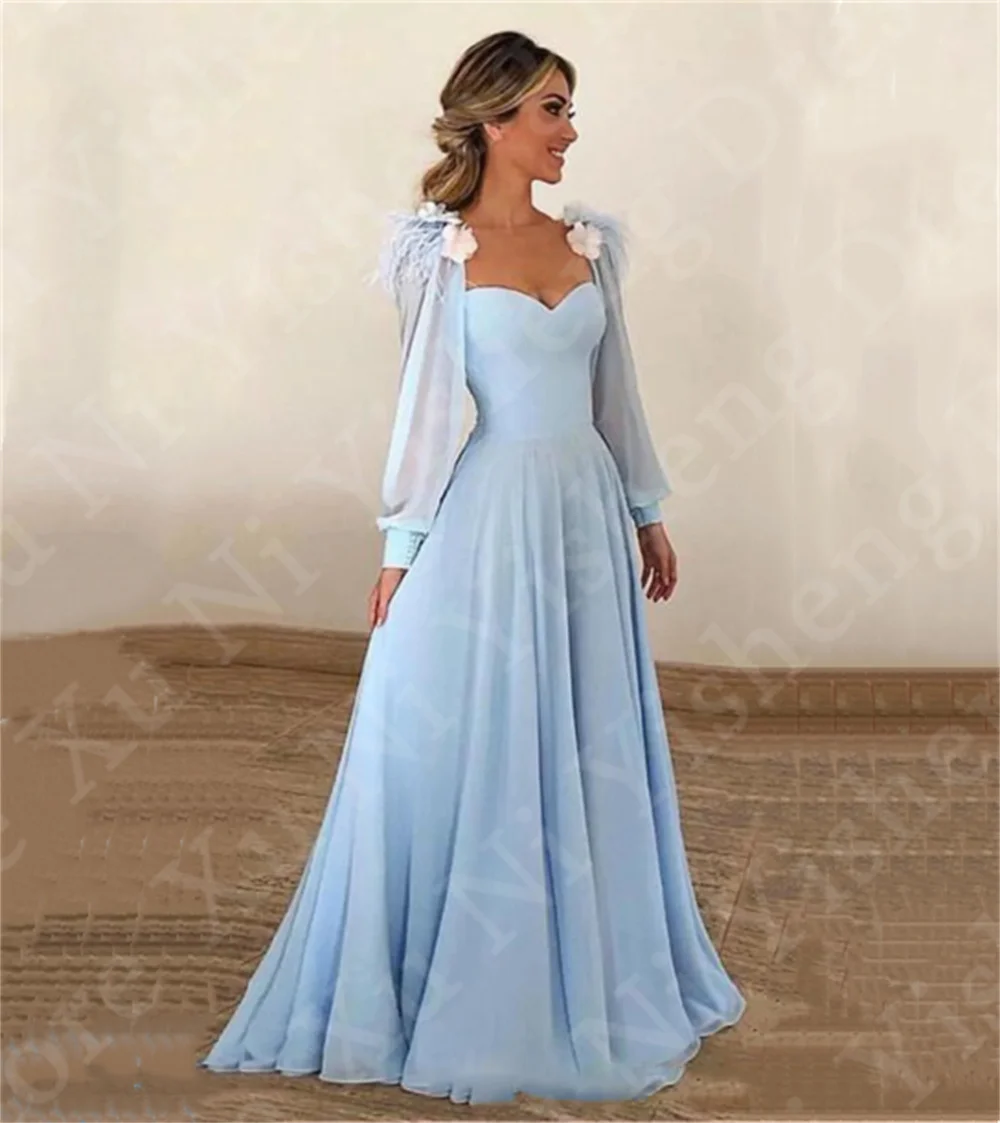 Light Blue Prom Dress Sweetheart Long Sleeves A-Line Stereo Flowers Appliques Feathers Women Evening dress Wedding Party dress