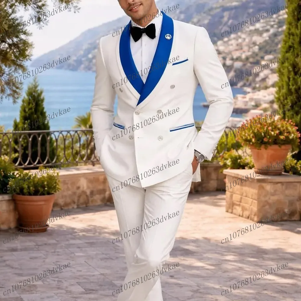 

New Blue Lapel White Business Men Suit Wedding Party Prom Groom Groomsman Formal Occasions Tuxedos 2 Piece Set Blazer Pants