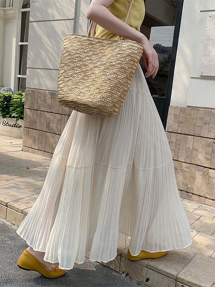 

Chiffon Pleated High Waist Skirt Women's Summer New Sle Slimming Drapey A-Line Umbrella Skirt Full Length Midi Skirt