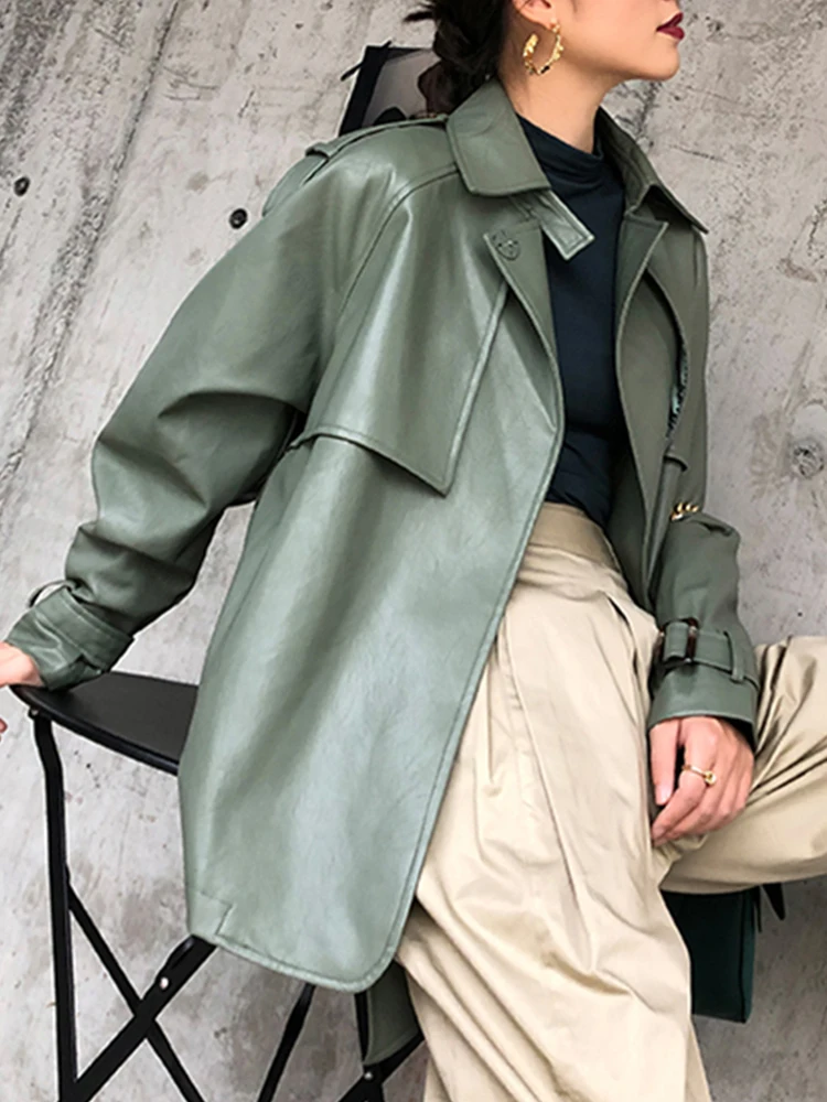 FTLZZ New Spring Autumn Women Faux PU Leather Casual Streetwear Outwear Motorcycle Leather Jacket with Belt Green Biker Coat