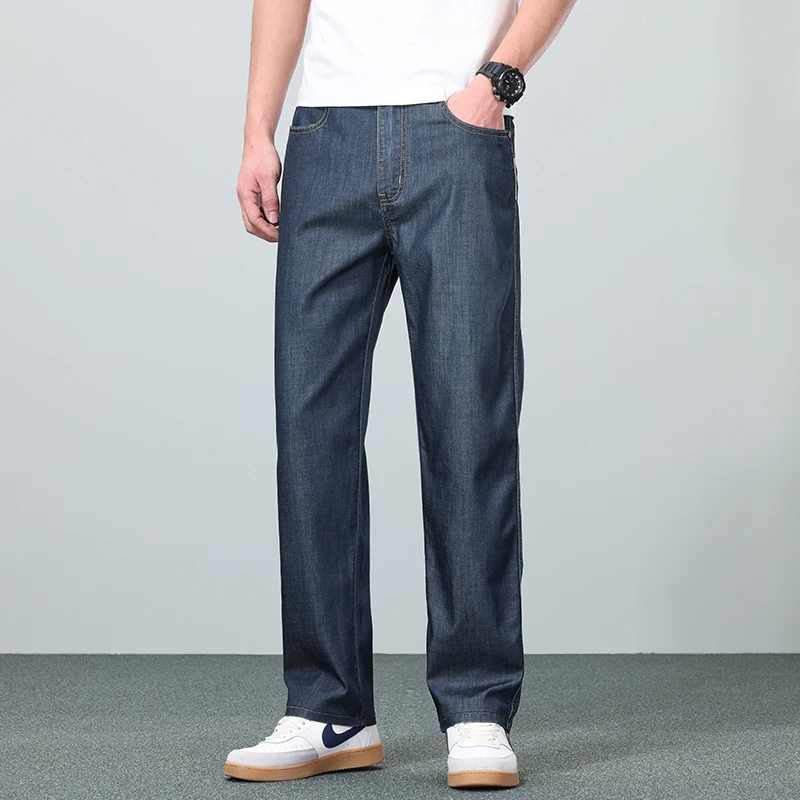 Lyocell Stretch Ice Silk Jeans Men Summer Soft Loose Straight Business Casual High Quality Versatile Solid Color Denim Trousers