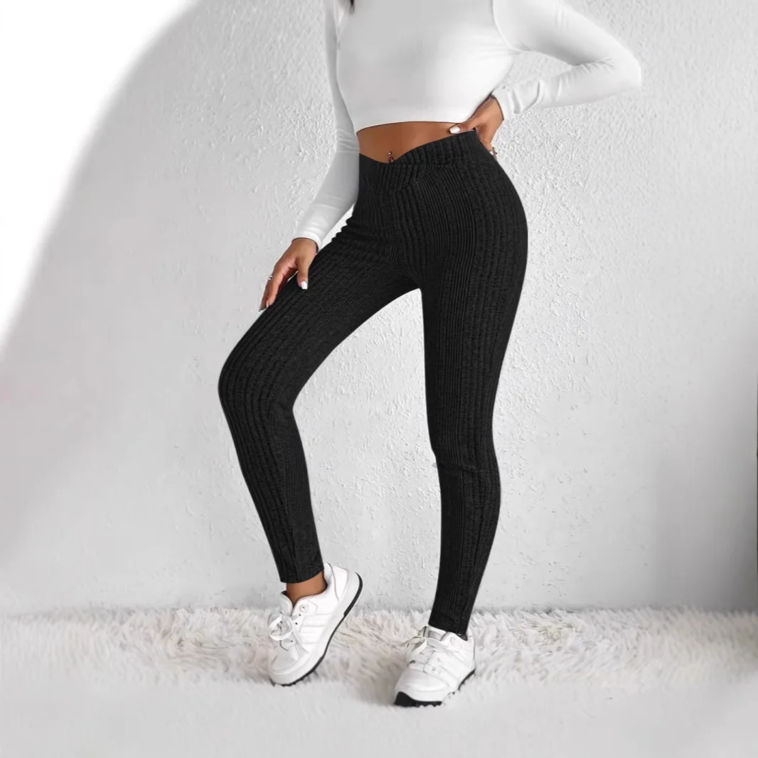 Calças Justas de Cintura Alta Listradas para Mulheres, Calças Casuais de Fibra de Poliéster para Mulheres de Meia Idade