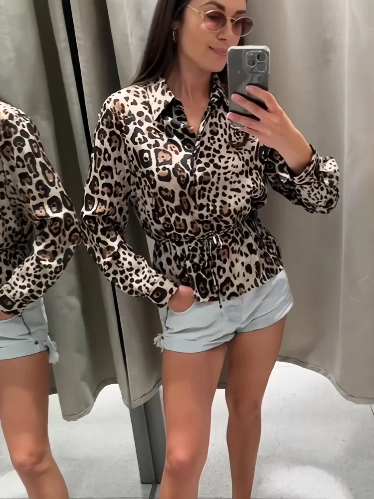 PB&ZA Women's 2024 Summer New Style Fashionable Elegant Versatile Lapel Long Sleeve Animal Print Shirt 2824/267