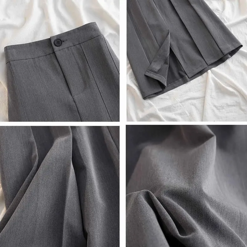 New 2025 Korean Long Pleated Skirt Women Spring Autumn Fashion Gray/Black Skirts for Woman