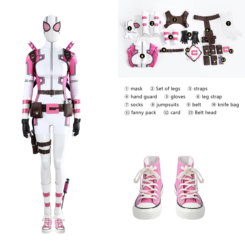 Sexy Gwenpool Gwen Poole Cosplay Fort Pink Ghost Costume High Quality Leather Jumpsuit Shoes Props Mask Set Party Woman