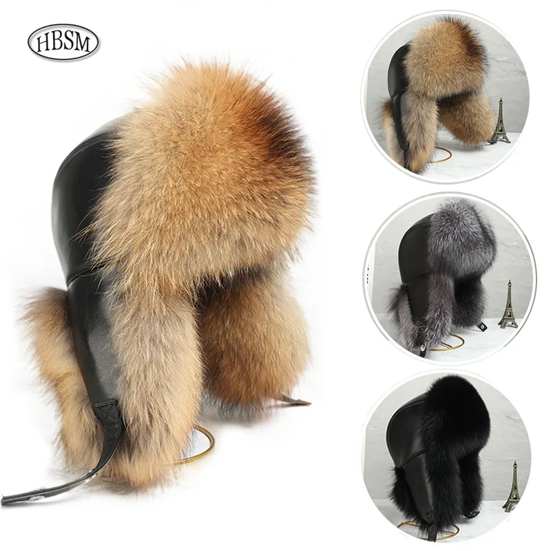 

2024 Men Outdoor Winter Natural Fox Fur Bombers Hats Warm Soft Luxury Quality Real Raccoon Fur Cap Real Sheepskin Leather Hat