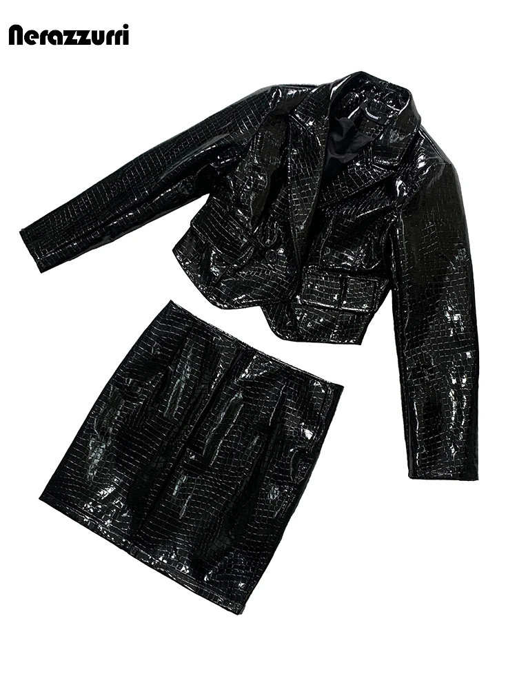 Nerazzurri Primavera Autunno Breve Lucido Riflettente Nero Coccodrillo Stampa Pu Giacca in Pelle da Donna Elegante Chic Vestiti 2025