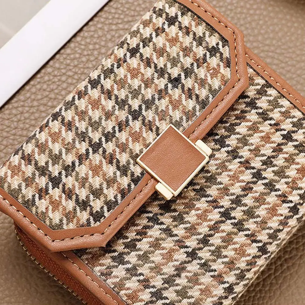 Multi-card Slot 2 in 1 Card Bag Korean Style PU Leather Houndstooth Short Wallet Card Holder Clutch Bag Zipper Coin Purse Female